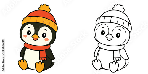 Line art coloring book of a cute penguin cartoon wearing a winter hat on a white background