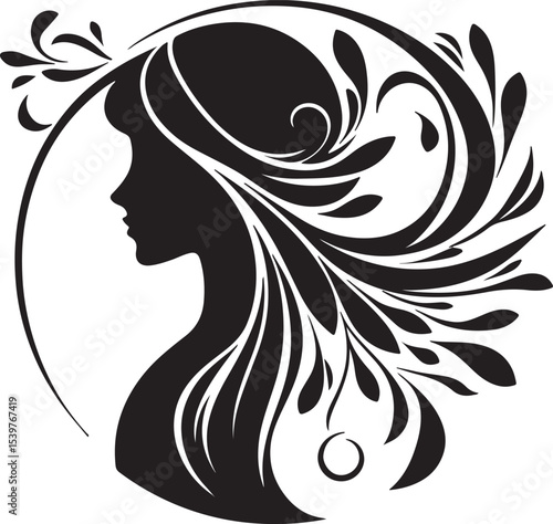 Elegant female silhouette with floral flowing hair in vector style – perfect for beauty salons, haircare branding, spa logos, and feminine designs.

