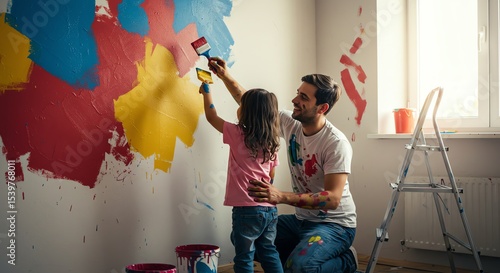 Father and daughter painting wall together indoors
