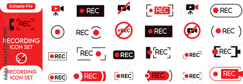 Set Of Recording sign icon. Red logo camera video recording symbol, rec icon
