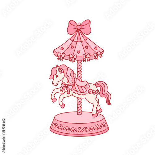 Vintage toy, carousel horse stylized in coquette aesthetic. Whimsical trendy animal with bow ribbon, hearts. Old fashioned pink children toy. Vector isolated clip art