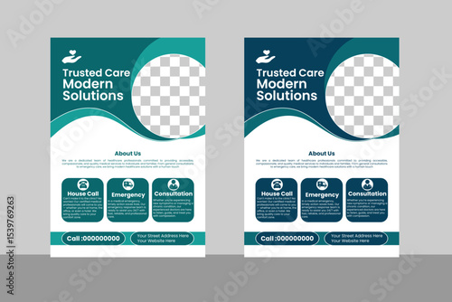 Modern medical flyer design featuring doctor services, contact information, and medical icons, perfect for promoting health institutions.