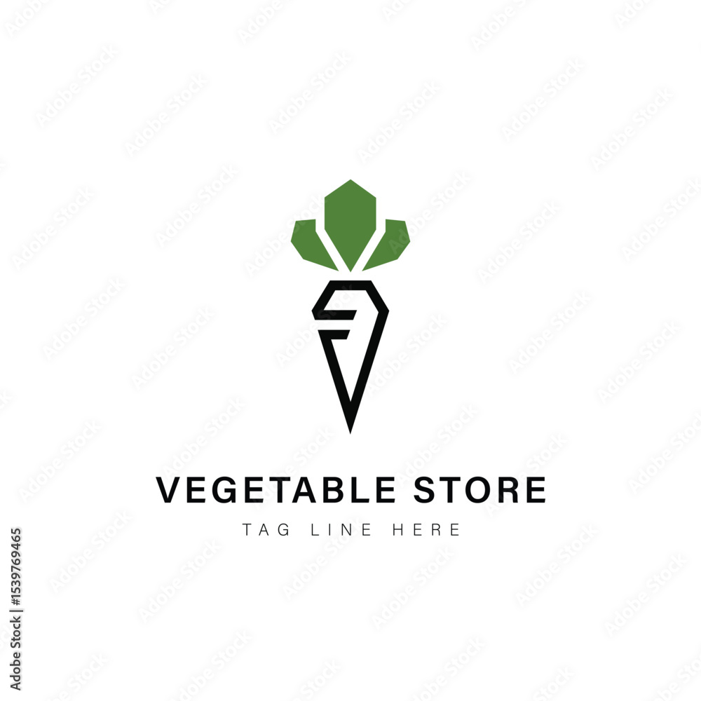 Vegetable Store Logo: A clean and minimalist logo for a vegetable store, featuring a stylized carrot design with geometric leaves and a modern font, embodying freshness and natural goodness. Vegetable Store Logo: A clean and minimalist logo for a vegetable store, featuring a stylized carrot design with geometric leaves and a modern font, embodying freshness and natural goodness.