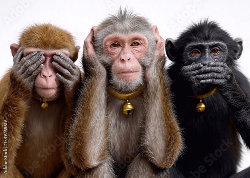 Not tThree wise monkeys on a white background. One monkey covers its ears, the second its eyes, the third its mouth. Kikazaru, Iwazaru, Mizaru on a white background