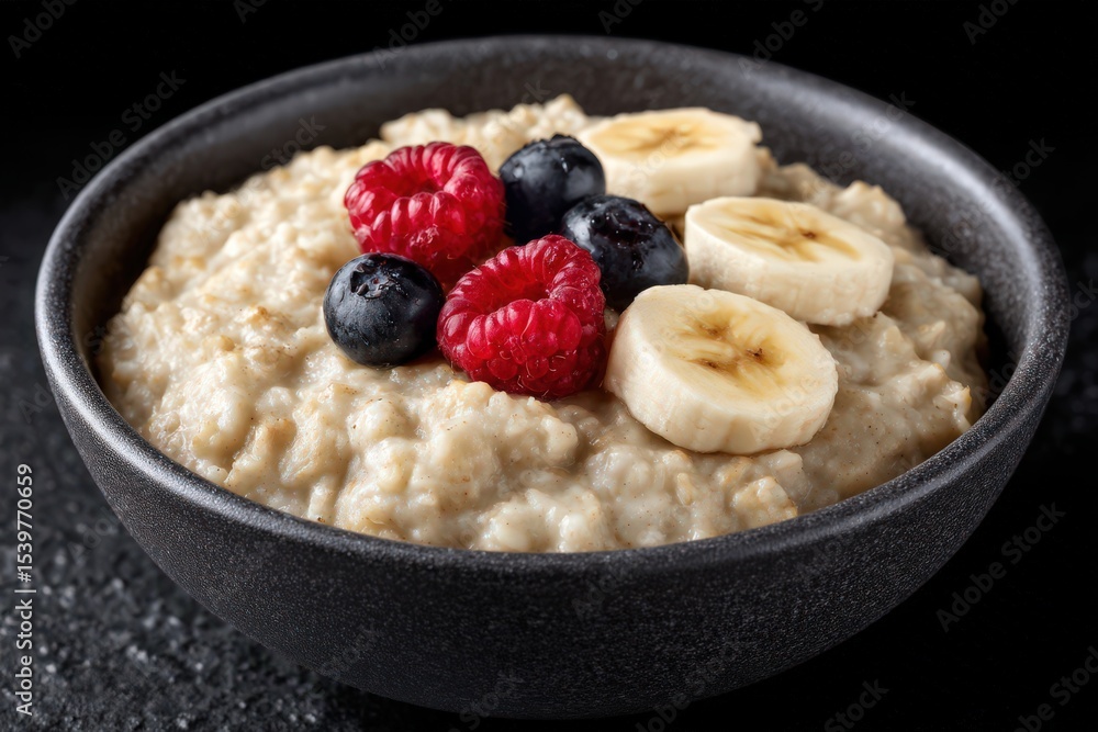 Nutritious oatmeal bowl topped with fresh strawberries raspberries and bananas ideal for a healthy breakfast providing essential fiber for a wholesome start to your day Nutritious oatmeal bowl topped with fresh strawberries raspberries and bananas ideal for a healthy breakfast providing essential fiber for a wholesome start to your day