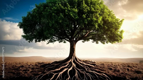 Solitary green tree with exposed roots growing in fertile brown soil under a blue sky and scattered white clouds, connecting earth and sky