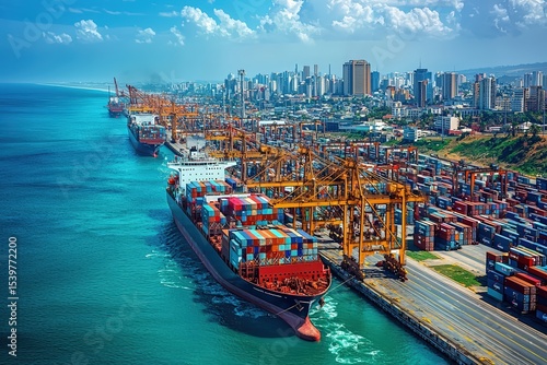 A busy port in Durban, South Africa, with massive cargo ships being loaded with shipping containers, cranes operating in the background