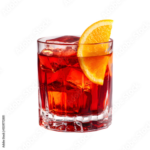 Minimalist negroni in crystal tumbler with orange peel, studio-lit