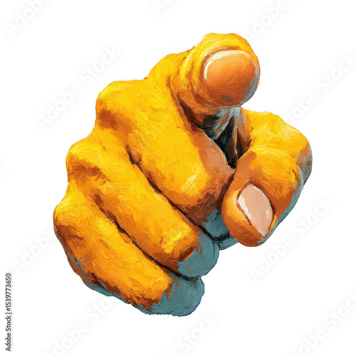 A golden hand, isolated on transparent background, points directly at the viewer with a bold, impastostyle gesture