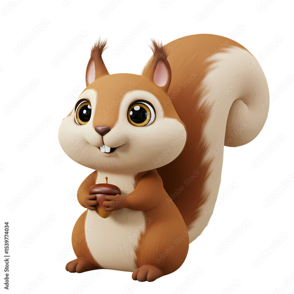 Naklejka premium Charming Cartoon Squirrel Holding an Acorn isolated on transparent bacckground