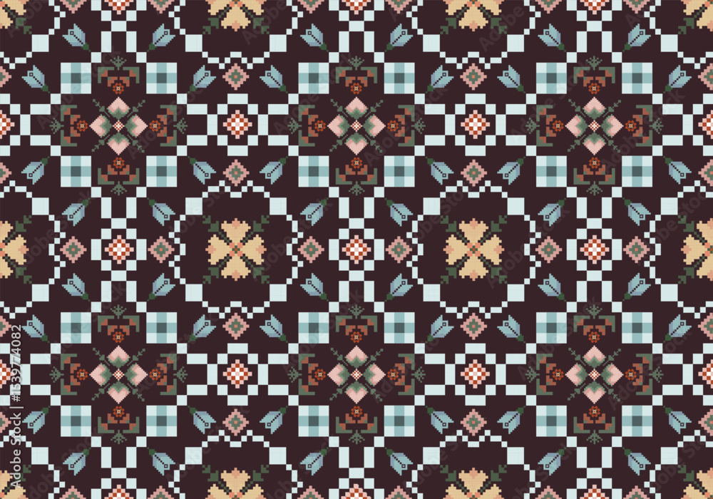 Fototapeta premium Pixel art red flowers patterns