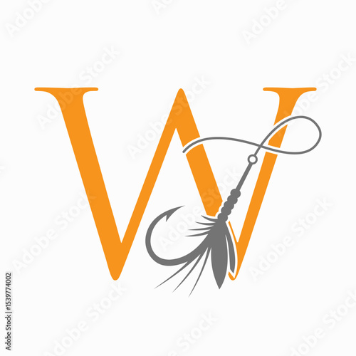 Fishing Logo On Letter W Concept With Fishing Hook And Fishing Lure Symbol