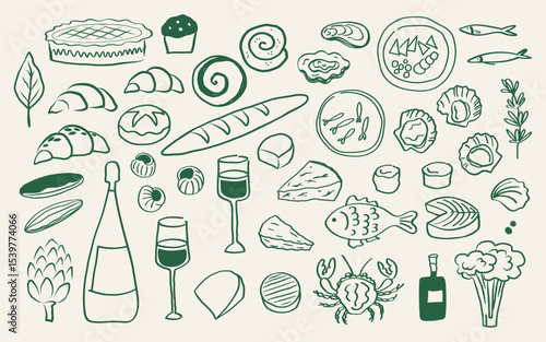French pastries and food vector sketch on isolated background. Hand drawn Frenchy Mediterranean cuisine ingredients, croissant, baguette, seafood, wine, snails, artichoke, cheeses, eclairs,  food 