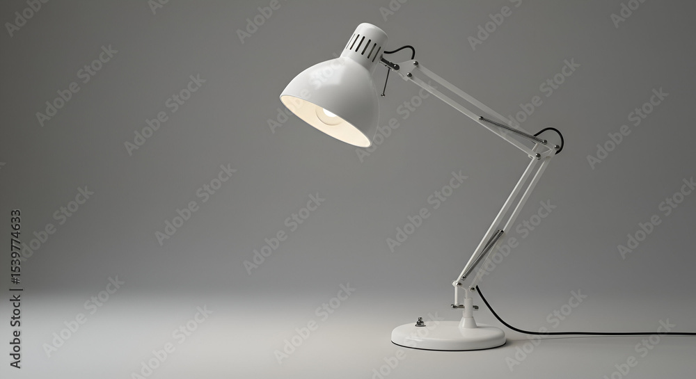 White adjustable desk lamp angled towards the viewer in a minimalist studio setting. Home office professional using a modern, contemporary lamp in a simple, modern, workspace. White adjustable desk lamp angled towards the viewer in a minimalist studio setting. Home office professional using a modern, contemporary lamp in a simple, modern, workspace.