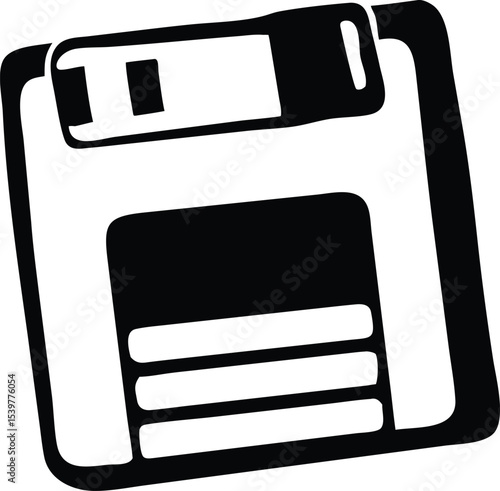 Black and White Illustration of a 35 Inch Floppy Disk Icon Simple Bold Graphic Design Element Retro Technology Data Storage Symbol