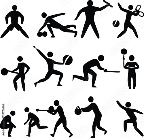 Twelve Black Silhouettes Depicting Various Athletic Activities Including Weightlifting Javelin Throw Discus Throw Shot Put Bowling Hammer Throw and