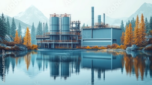 Tranquil Industrial Facility Surrounded by Mountains and Trees