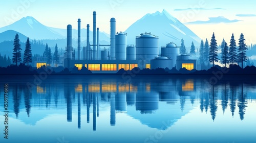 Industrial Landscape with Reflection and Mountains at Dawn