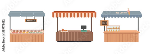 Food stall illustration. Street food stand. Canopy food bazaar. 