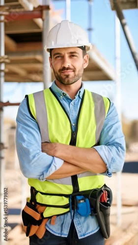 Confident construction worker with arms crossed wearing safety vest and hardhat on construction site with scaffolding for home building project