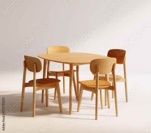 Light wood dining set four simple, curved-back chairs surround a slightly oblong table on tapered legs, all against a minimalist white backdrop