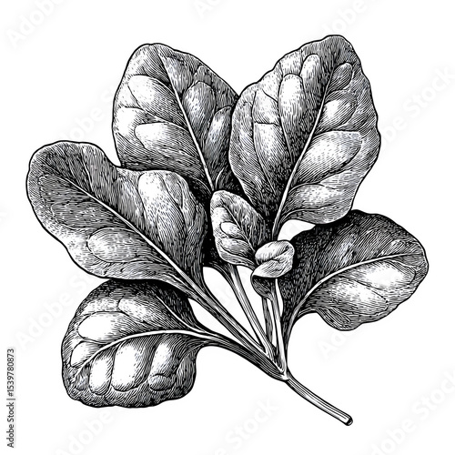 Detailed black and white illustration of sorrel leaves with soft triangular shapes and gentle veining. Antique herbarium drawing style, perfect for packaging or organic food design. Ultra HD