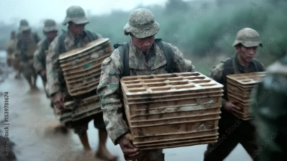 Soldiers transporting ammunition across a muddy battlefield in rain Soldiers transporting ammunition across a muddy battlefield in rain