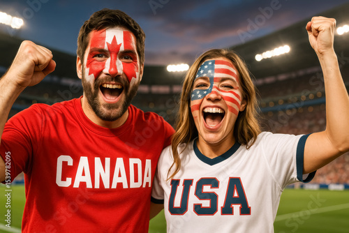 Canada and USA fans shouting in celebration at night match

