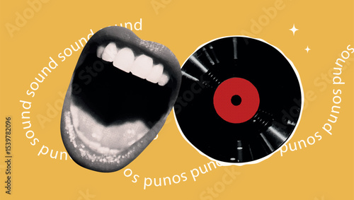 Vintage retro music halftone set. Karaoke collage collection with girl mouth, vinyl record. Grunge disco elements for poster, podcast, wall art. Dotted isolated vector illustration.