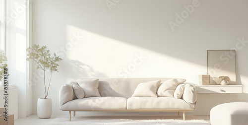 Minimalist living room with a white sofa, plant, and window, showcasing a clean and modern design with natural light and neutral tones for lifestyle.
