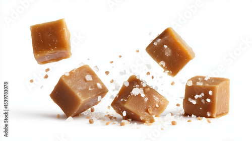 Slow-motion falling caramel fudge cubes paired with delicate sea salt flakes create mesmerizing dessert visuals