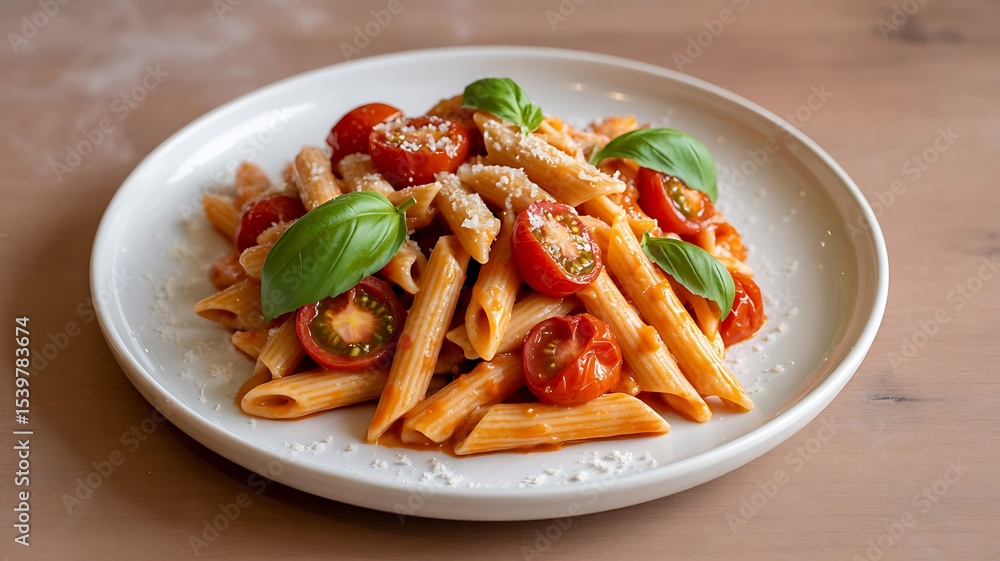 Delicious italian penne pasta with fresh tomatoes basil and parmesan cheese on white plate Delicious italian penne pasta with fresh tomatoes basil and parmesan cheese on white plate