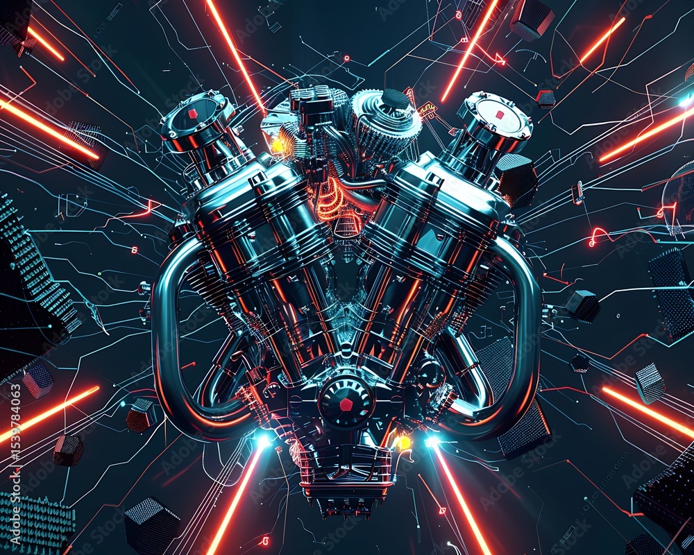Fototapeta premium Multicolor 6-Cylinder Engine Background with Futuristic Metallic Shine and Vivid DetailsHigh-Resolution Mechanical Engine Wallpaper Featuring a Vibrant 6-Cylinder Design