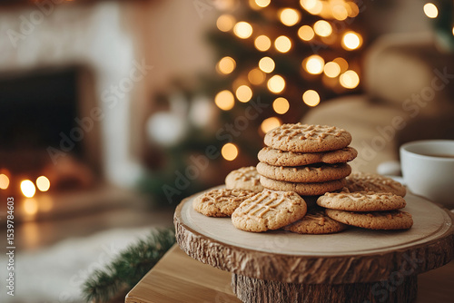 Stack of homemade cookies on wooden tray with blurred homemade Christmas background. Generated by artificial intelligence