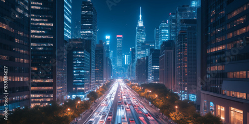 Night cityscape featuring illuminated skyscrapers and a busy highway with light trails from cars, showcasing modern architecture and urban transportation with a vibrant 