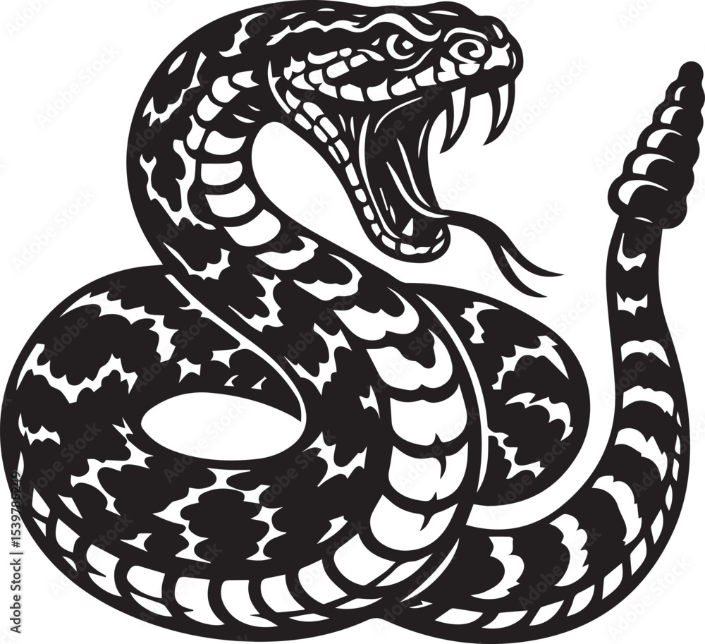 Obraz premium Bold black and white vector illustration of a rattlesnake with an open mouth, fangs visible, and coiled body in an aggressive pose. Ideal for tattoo design, wildlife-artwork, or symbolic graphics.
