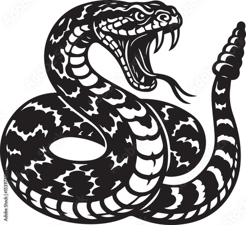 Bold black and white vector illustration of a rattlesnake with an open mouth, fangs visible, and coiled body in an aggressive pose. Ideal for tattoo design, wildlife-artwork, or symbolic graphics.