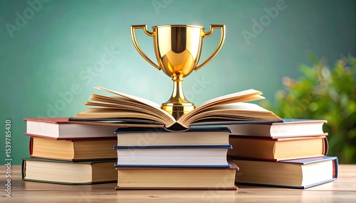 Golden Trophy on Open Book  Stacks.