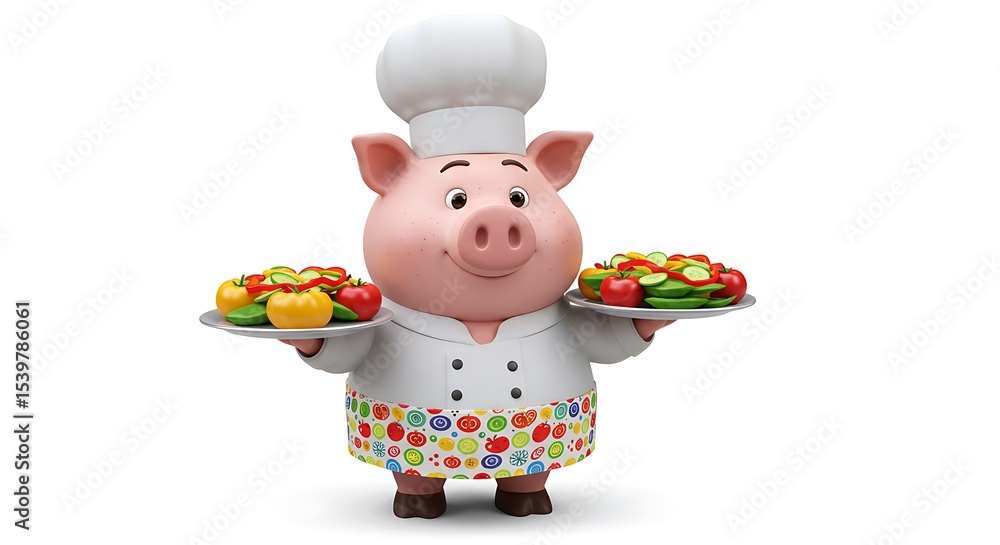 Fototapeta premium vector art line of cute pig face with costume cheft and cooking apron show dish suitable for mockup and logo product of team isolated white background