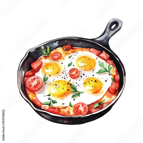 Watercolor shakshuka illustration fried eggs in a pan on transparent background vector