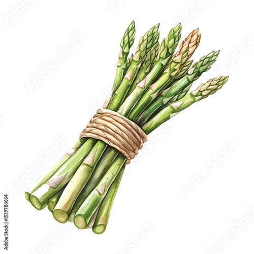 Watercolor style bunch of asparagus tied with twine on transparent background vector