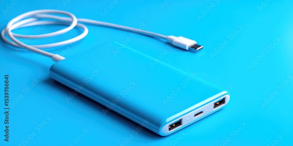 Slim Power Bank with Phone and Cable on Blue Background Slim Power Bank with Phone and Cable on Blue Background