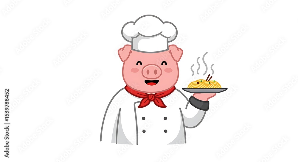 vector art line of cute pig face with costume cheft and cooking apron show dish suitable for mockup and logo product of team isolated white background vector art line of cute pig face with costume cheft and cooking apron show dish suitable for mockup and logo product of team isolated white background