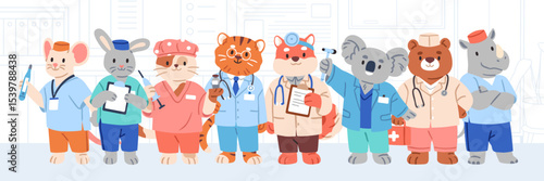 Cute animal doctors standing in line, medical hospital team. Bear, cat, tiger, medic characters, physicians, paediatricians, nurses, pediatric docs, health clinic group. Kids flat vector illustration