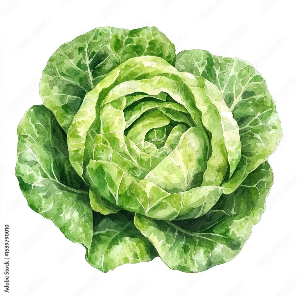Fototapeta premium Hand painted iceberg lettuce in watercolor style, capturing natural textures and vibrant shades of crisp leafy greens