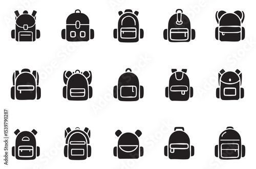 Black silhouette of stylized backpacks perfect for education and global travel purposes.

