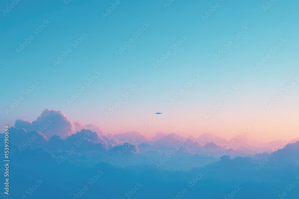 Obraz premium minimalistic scene capturing essence of world ufo day featuring small abstract alien craft hovering over expansive