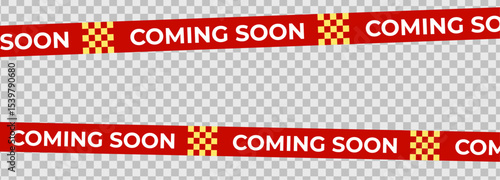 Coming Soon Red Banner Tape for product launch, retail teaser, sale campaign or store opening announcement. Editable warning stripe design for promo layout or web banner. Vector Illustration.