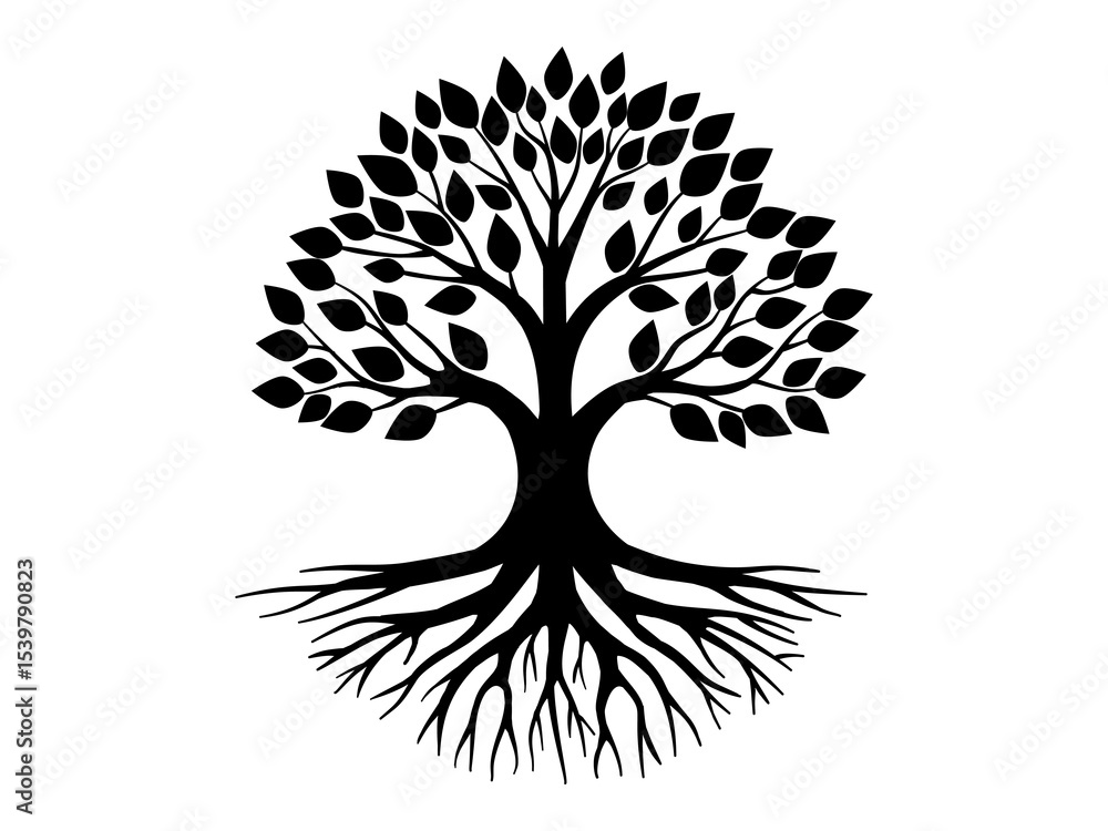Fototapeta premium Tree of life logo is represented by this simple yet striking black silhouette, showing a flourishing tree with a full crown of leaves and visible roots, symbolizing vitality and connection.