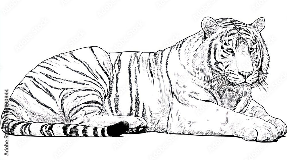 Naklejka premium Majestic White Tiger Sketch: A detailed sketch of a majestic white tiger, resting gracefully, showcasing its powerful physique and captivating gaze.